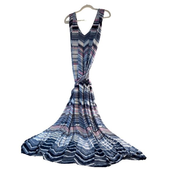 Chico’s Womens Dress Maxi Blue/Pink Multi Belted Sleeveless V-Neck Side Slits Si - Picture 1 of 7